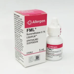 FML Eye Drop Fluorometholone 0.1% sterile ophthalmic suspension bottle for eye inflammation treatment.